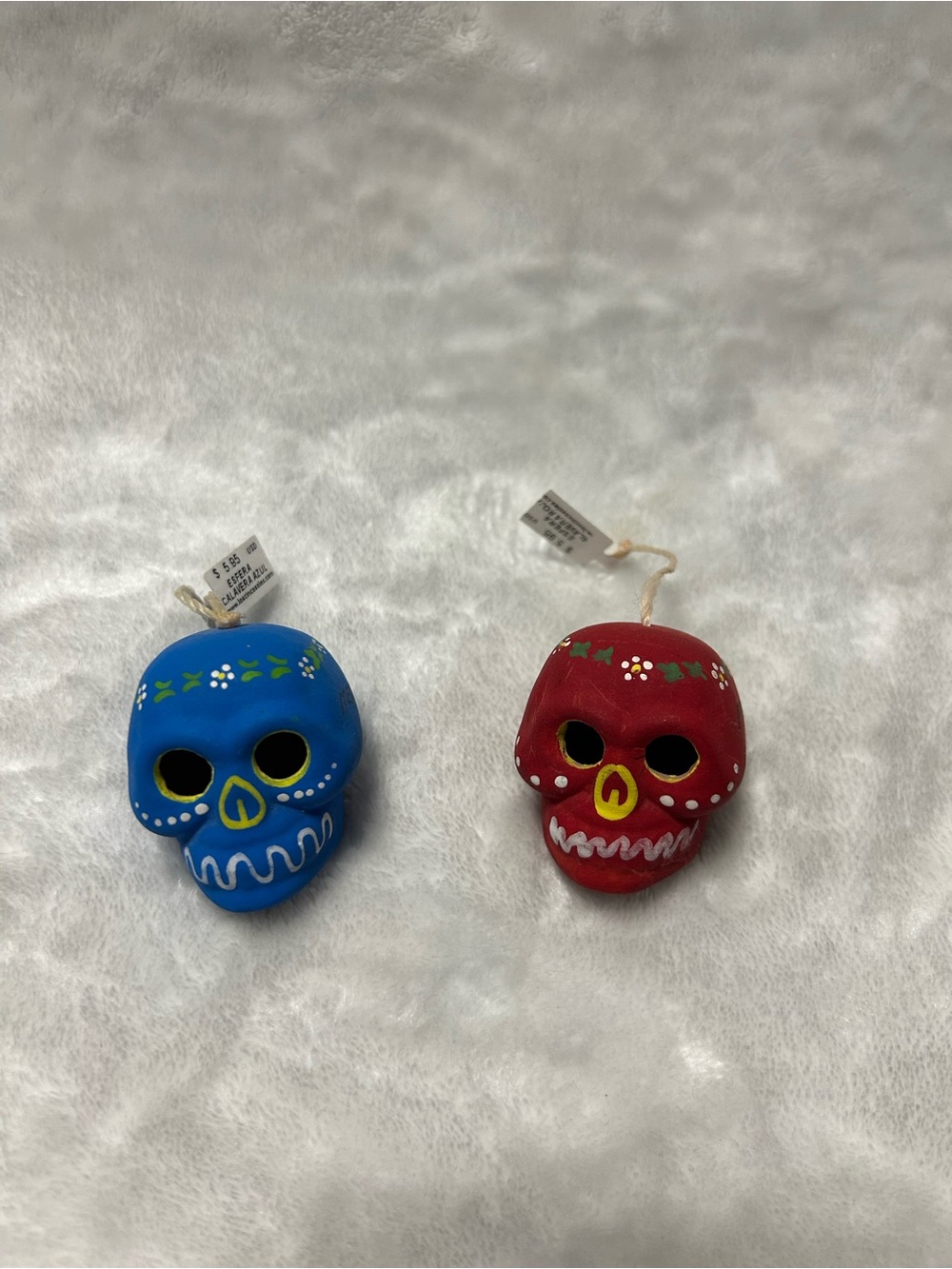 2 blue red small Hanging Mexican Ceramic Skull Day of the Dead Sugar Skulls